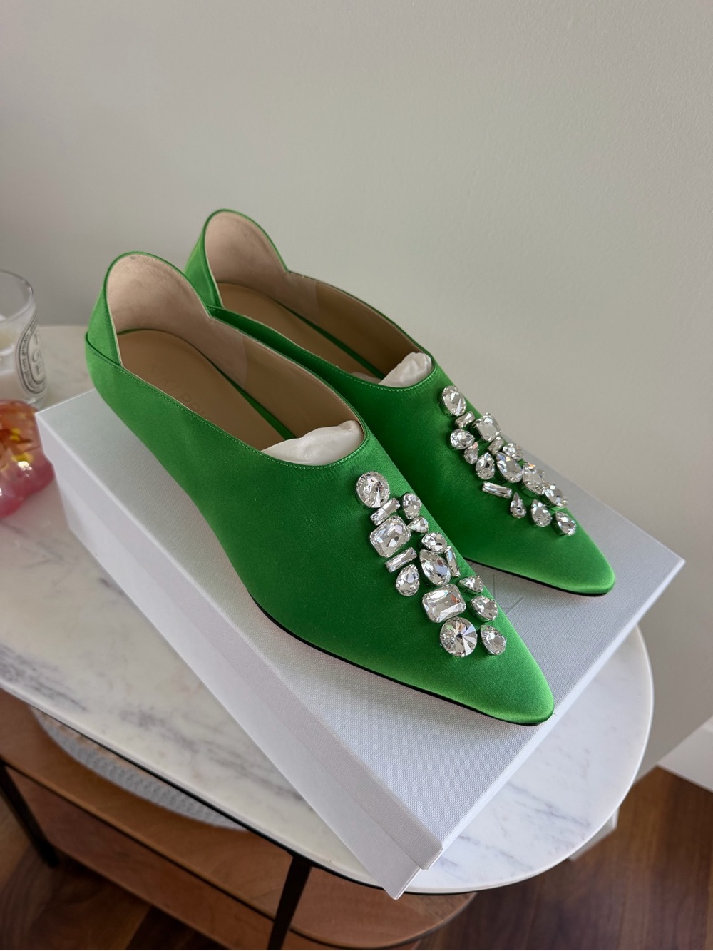 Kiki Price Ether Kelly Green Satin Crystal Kitten Heel Shoes EU 40.5 / US 10